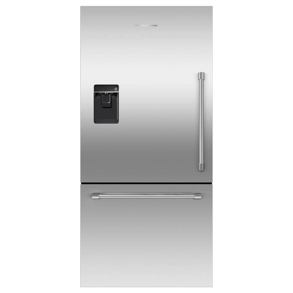 Fisher & Paykel 32'' Bottom Mount Refrigerator Freezer, Stainless Steel, 17.1 cu ft, Ice & External Water, Counter Depth, Left Hinge, Professional Round Handle EOL - while Supply Last