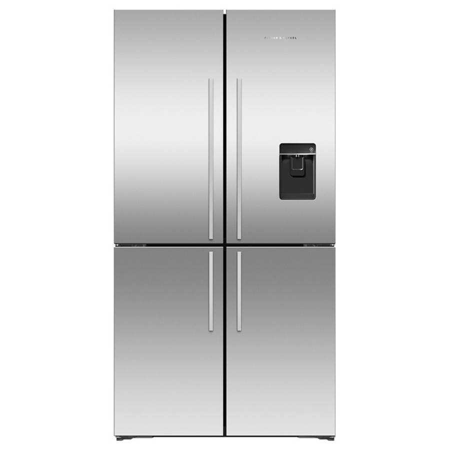 Fisher & Paykel 36'' Quad Door Refrigerator Freezer, Stainless Steel, 19.0 cu ft, Ice & Exteranl Water, Counter Depth, Contemporary Square Handle