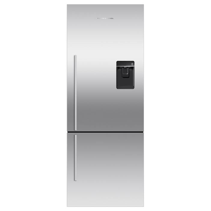 Fisher & Paykel 25'' Bottom Mount Refrigerator Freezer, Stainless Steel, 13.5 cu ft, Ice & External Water, Counter Depth, Right Hinge, Contemporary Square Handle