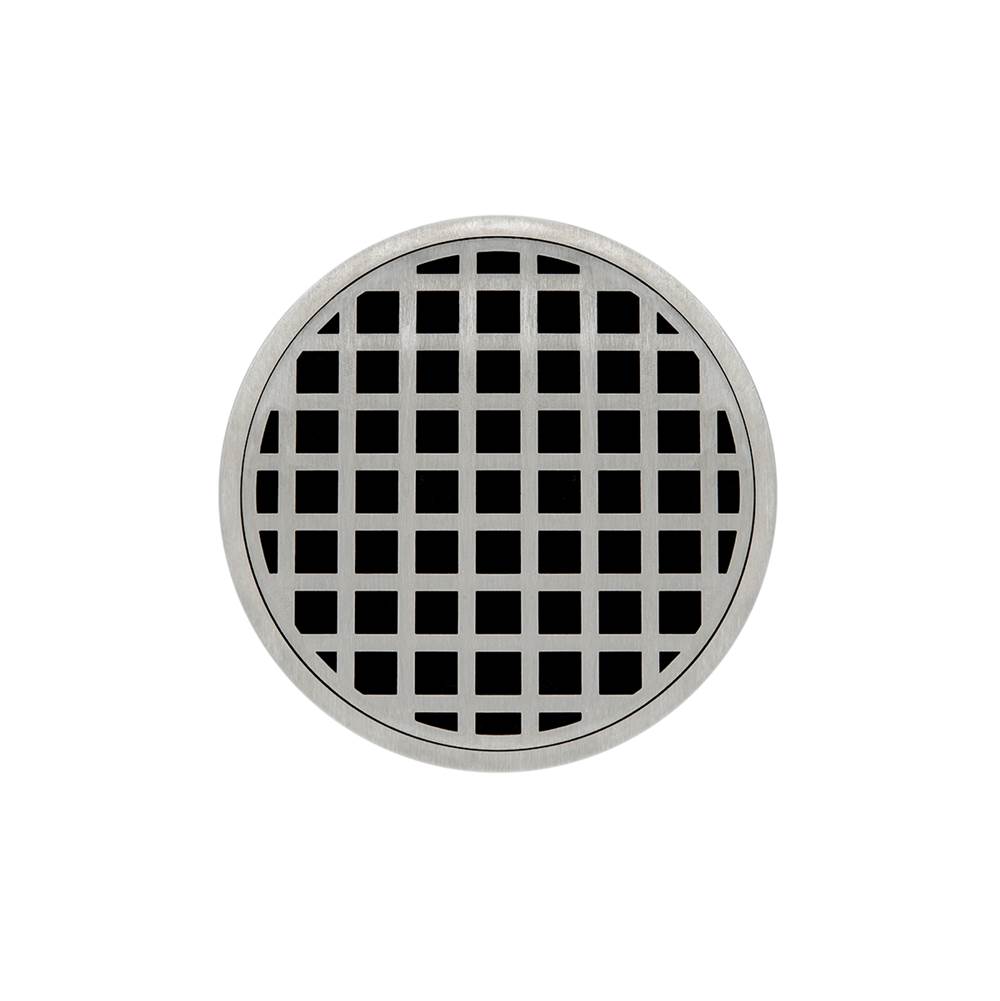 Infinity Drain 5'' Round RQDB 5 Complete Kit with Squares Pattern Decorative Plate in Satin Stainless with PVC Bonded Flange Drain Body, 2'', 3'' and 4'' Outlet