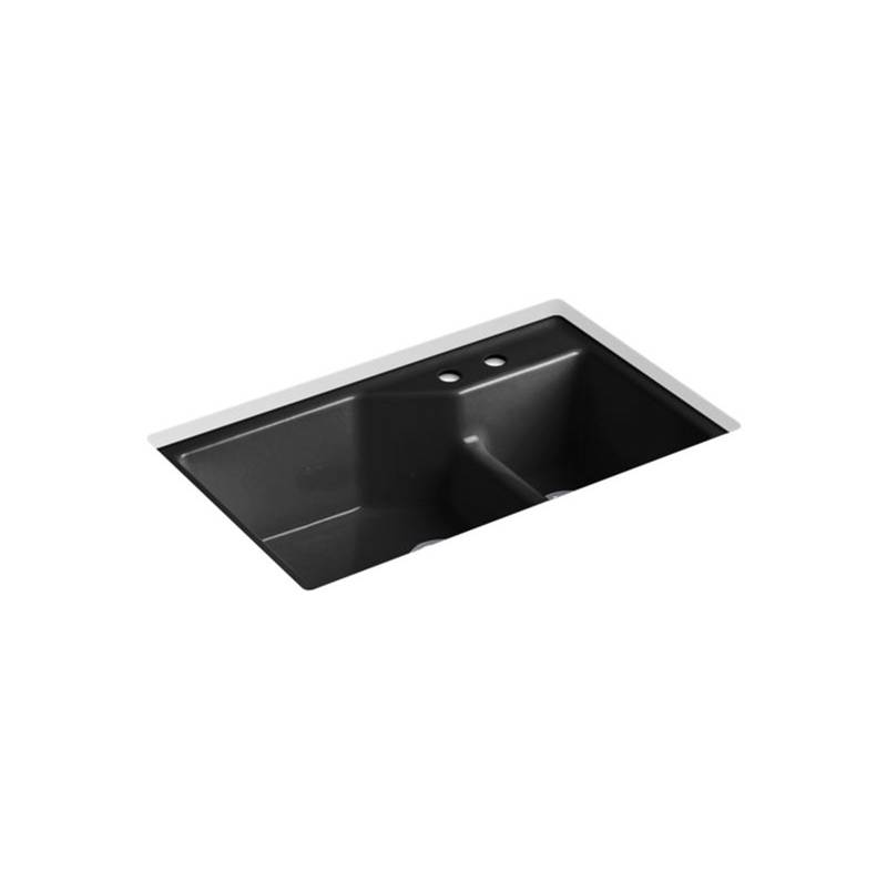 Kohler Indio® 33'' x 21-1/8'' x 9-3/4'' Smart Divide® undermount large/small double-bowl workstation kitchen sink with 2 faucet holes
