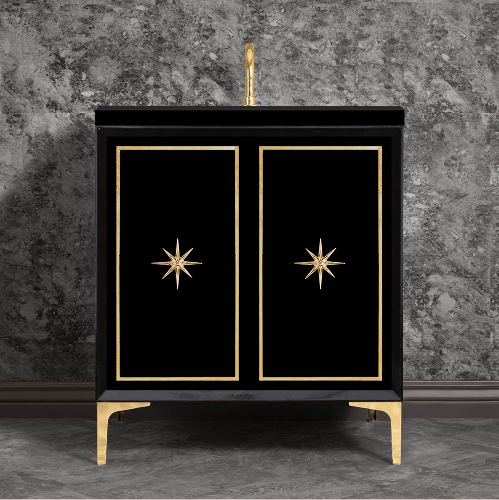Linkasink Linea with 3'' Polished Brass Star Hardware, 30'' Wide Vanity, Black, 30'' x 22'' x 33.5'' (without vanity top)