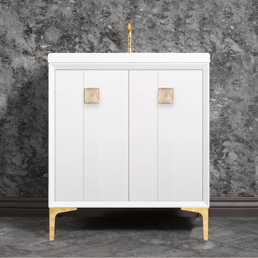 Linkasink TUXEDO with 3'' Artisan Glass Prism Hardware 30'' Wide Vanity, White, Polished Brass Hardware, 30'' x 22'' x 33.5'' (without vanity top)