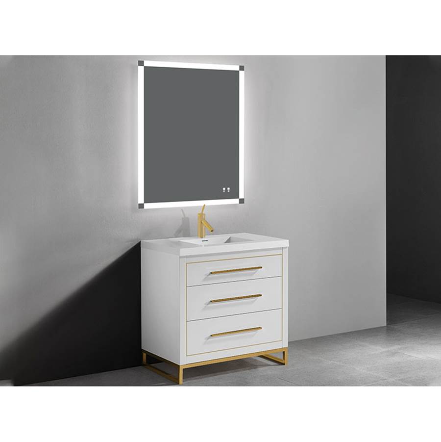 Madeli Estate 30''. White, Free Standing Cabinet, Polished Chrome , Handles(X3)/L-Legs(X4)/Inlay, 29-5/8''X 22''X33-1/2''