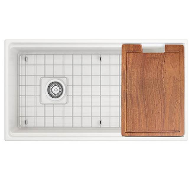 Nantucket Sinks 36 Inch White Farmhouse Workstation Fireclay Sink With Offset Drain, Integral Shelf For Cutting Board, Bottom Grid And Drain