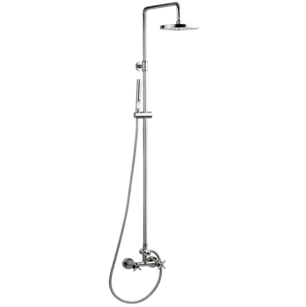 Outdoor Shower Wall Mount Hot & Cold Shower - ''Smooth'' Cross Handle Valve, 8'' Disk Shower Head, Hand Spray & Hose