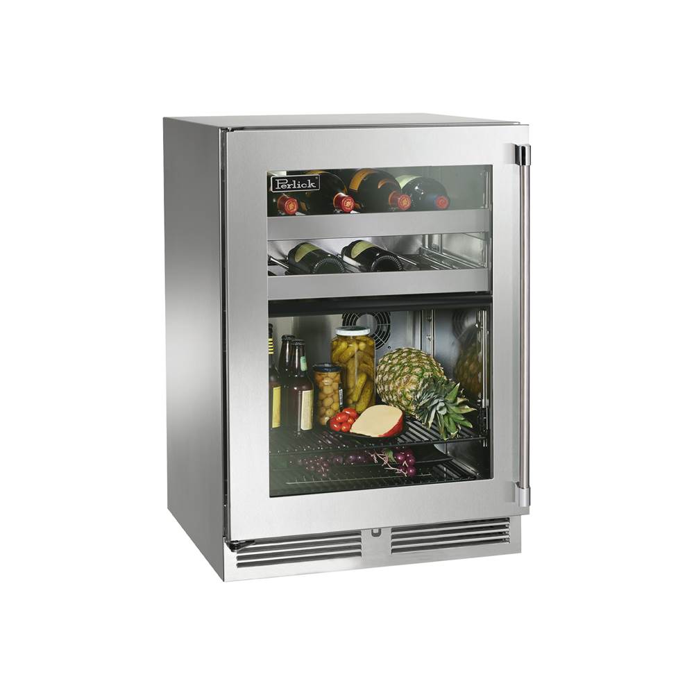 Perlick 24'' Signature Series Marine Grade Dual-Zone Refrigerator/Wine Reserve w/ stainless steel glass door, hinge left