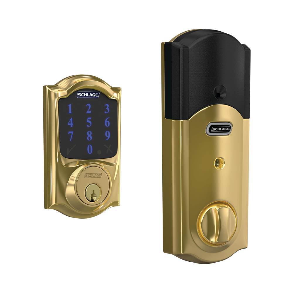 Schlage Connect Smart Deadbolt with alarm with Camelot Trim in Bright Brass, Z-Wave Plus enabled