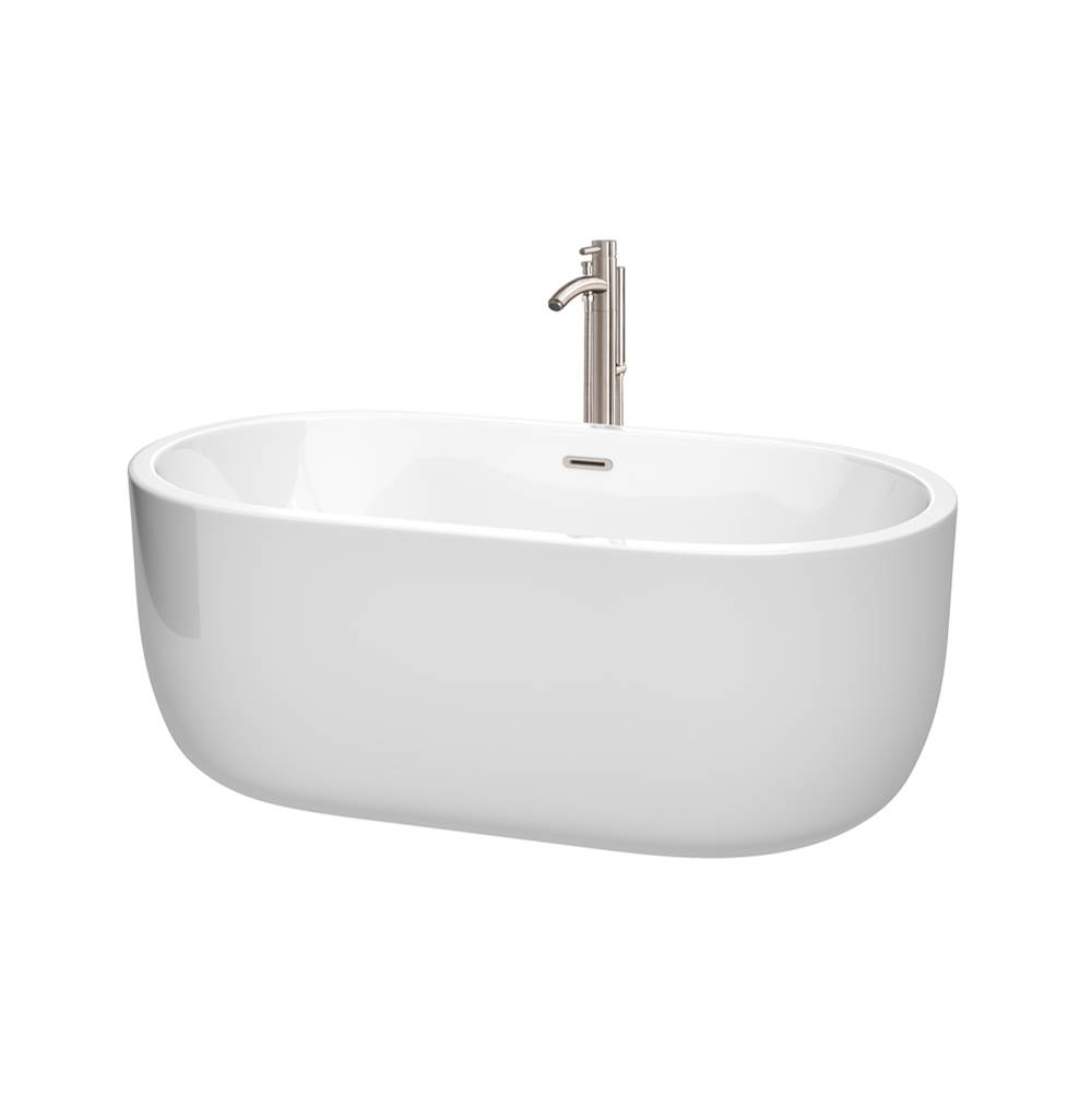 Wyndham Collection Juliette 60 Inch Freestanding Bathtub in White with Floor Mounted Faucet, Drain and Overflow Trim in Brushed Nickel
