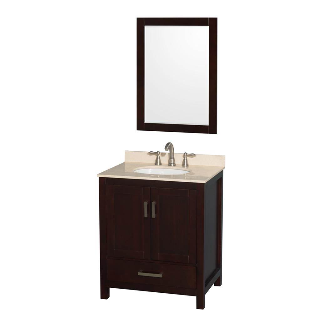 Wyndham Collection Sheffield 30 Inch Single Bathroom Vanity in Espresso, Ivory Marble Countertop, Undermount Oval Sink, and 24 Inch Mirror