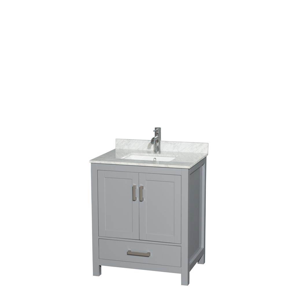 Wyndham Collection Sheffield 30 Inch Single Bathroom Vanity in Gray, White Carrara Marble Countertop, Undermount Square Sink, and No Mirror