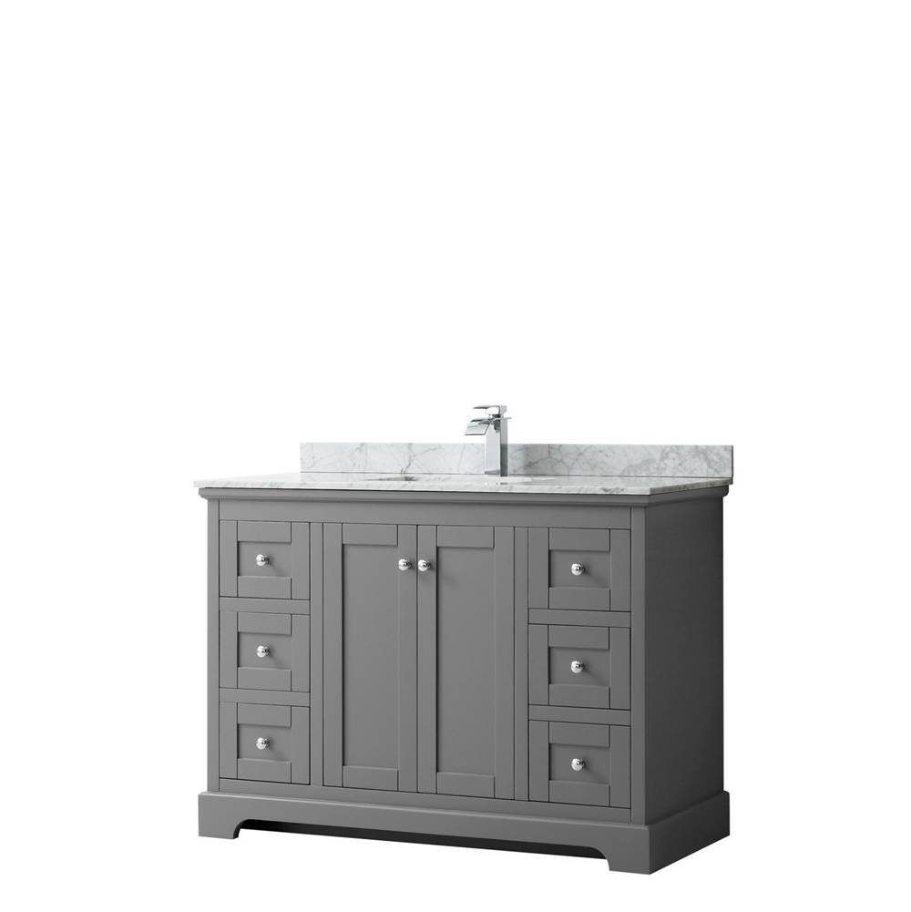 Wyndham Collection Avery 48 Inch Single Bathroom Vanity in Dark Gray, White Carrara Marble Countertop, Undermount Square Sink, and No Mirror