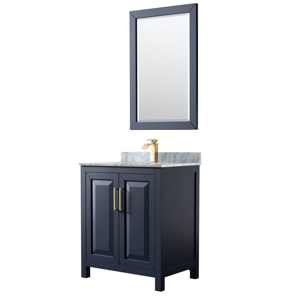 Wyndham Collection Daria 30 Inch Single Bathroom Vanity in Dark Blue, White Carrara Marble Countertop, Undermount Square Sink, 24 Inch Mirror