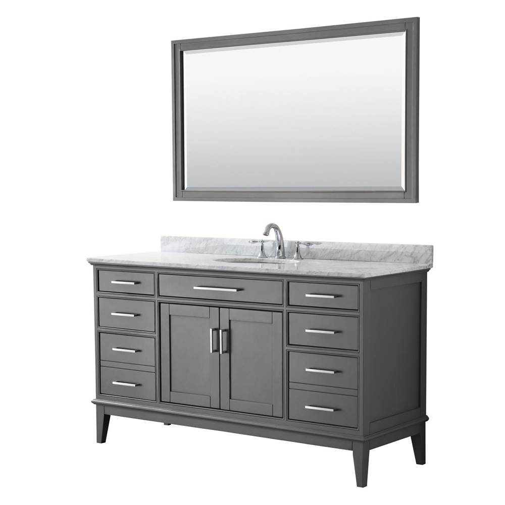 Wyndham Collection Margate 60 Inch Single Bathroom Vanity in Dark Gray, White Carrara Marble Countertop, Undermount Oval Sink, and 56 Inch Mirror