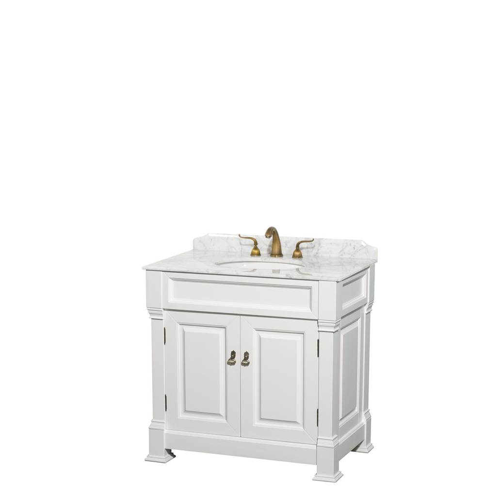 Wyndham Collection Andover 36 Inch Single Bathroom Vanity in White, White Carrara Marble Countertop, Undermount Oval Sink, and No Mirror