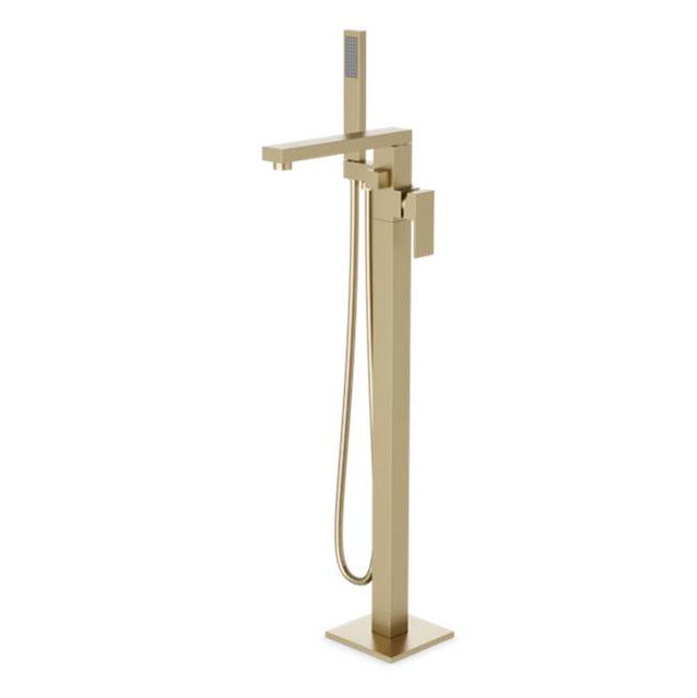 Artos - Trova Square Floor Mount Tub Filler Trim Kit with Hand Held Shower Satin Brass