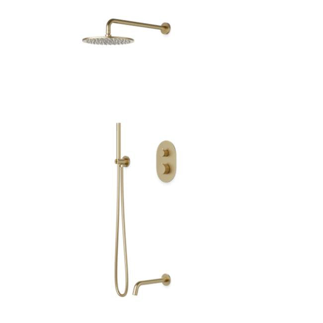 Artos - Opera Round Thermostatic Shower Trim Kit with Wall Mount Shower Head, Hand Held Shower, Tub Filler Satin Brass