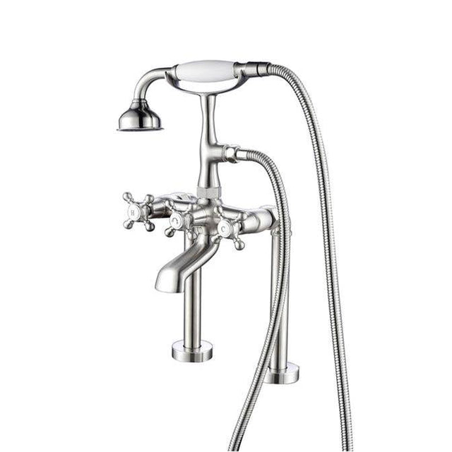 Barclay - Deck Mount Filler w/HandShower 6''Straight Bdy,Cross Hndl,BN - Brushed Nickel