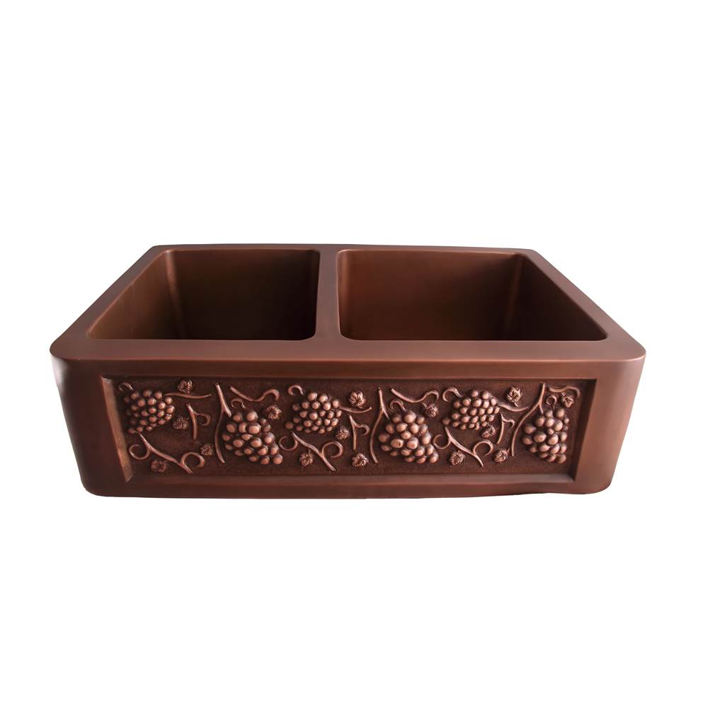 Barclay - Concord 33'' Offset Dbl Bowl Copper Apron Front Sink-SAC - Smooth Antique Copper