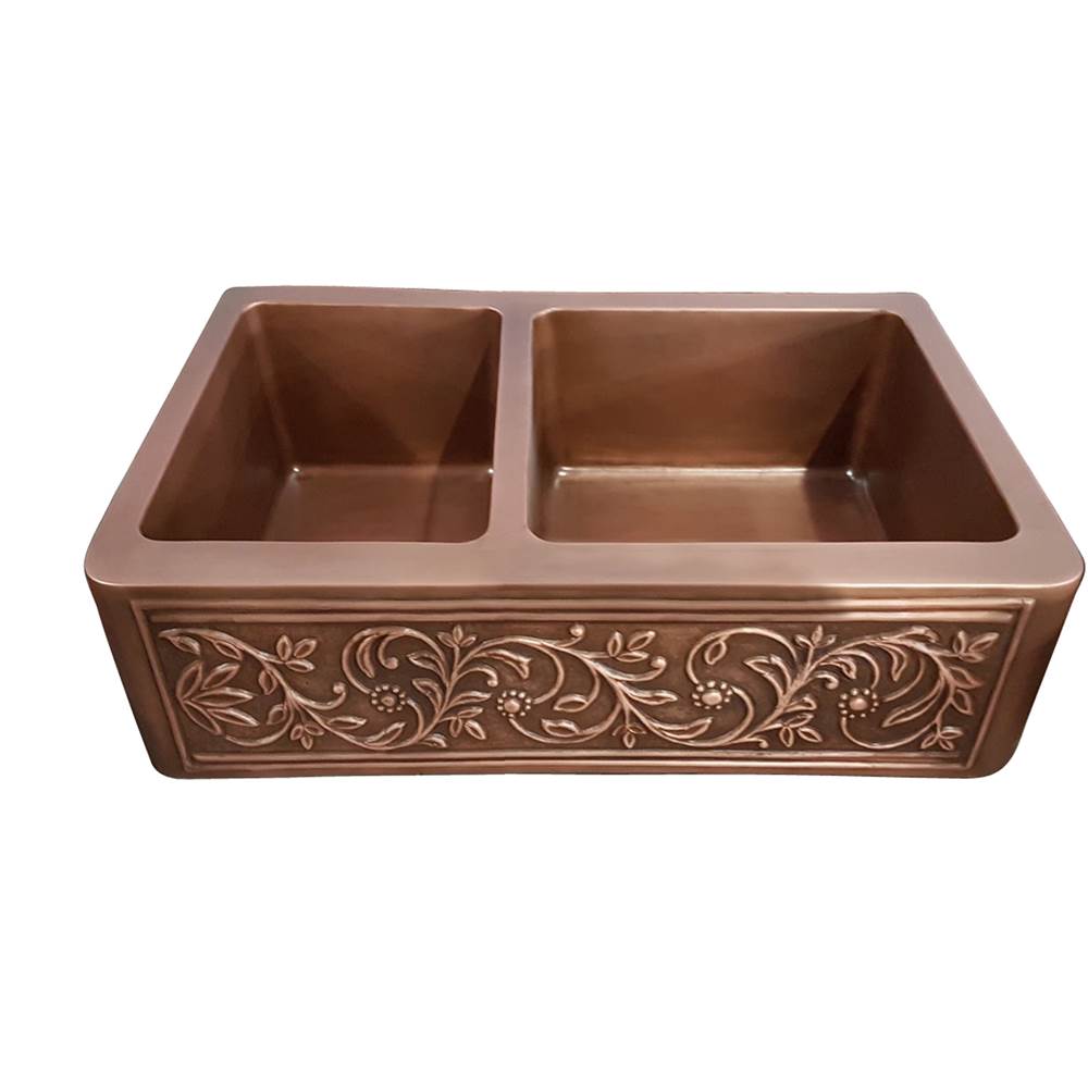Barclay - Cilantro 33'' Embossed Offset Dbl Bwl Apron Front Sink-SAC - Smooth Antique Copper