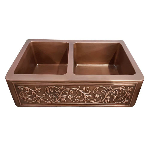 Barclay - Cilantro 36'' Embossed Dbl Bwl Copper Apron Front Sink-SAC - Smooth Antique Copper