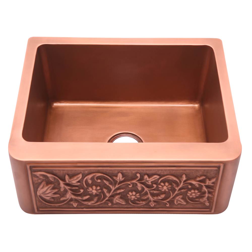 Barclay - Cilantro 25'' Embossed Single Bwl Copper Apron Front Sink-SAC - Smooth Antique Copper