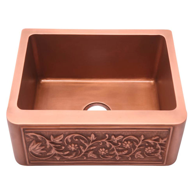 Barclay - Cilantro 25'' Embossed Single Bwl Copper Apron Front Sink-SAC - Smooth Antique Copper