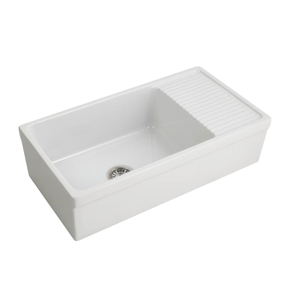 Barclay - Inez 36'' Single Bowl Fireclay Apron Front Sink w Drainboard-WH - White