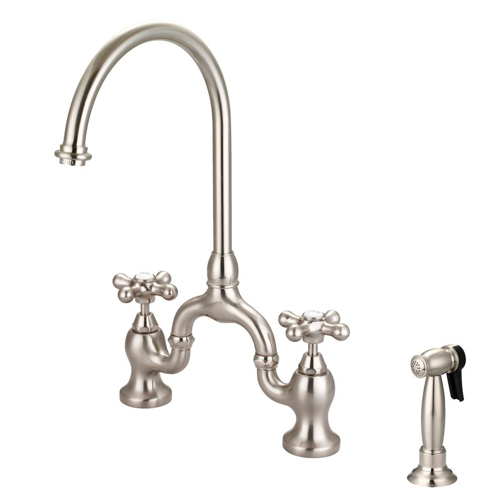 Barclay - Banner Kitchen Bridge Faucet w Sidespray & Metal Cros Han, BN - Brushed Nickel