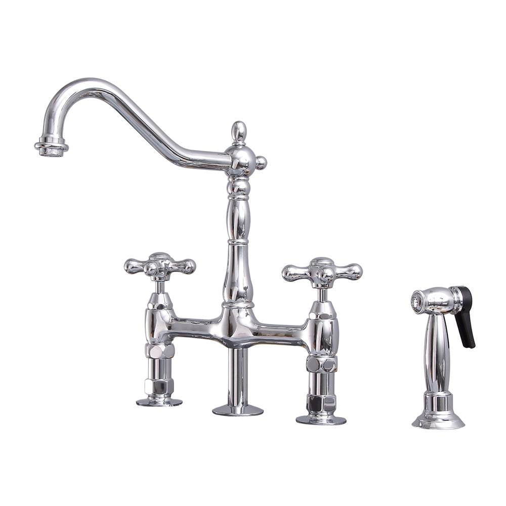Barclay - Emral Kitchen Bridge Fucet w/ Sidespray & Metal Cross Han,CP - Polished Chrome
