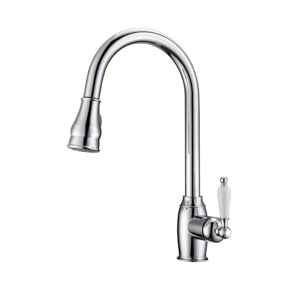 Barclay - Bay Kitchen Faucet,Pull-Out Spray,Porcelain Handles,CP - Polished Chrome