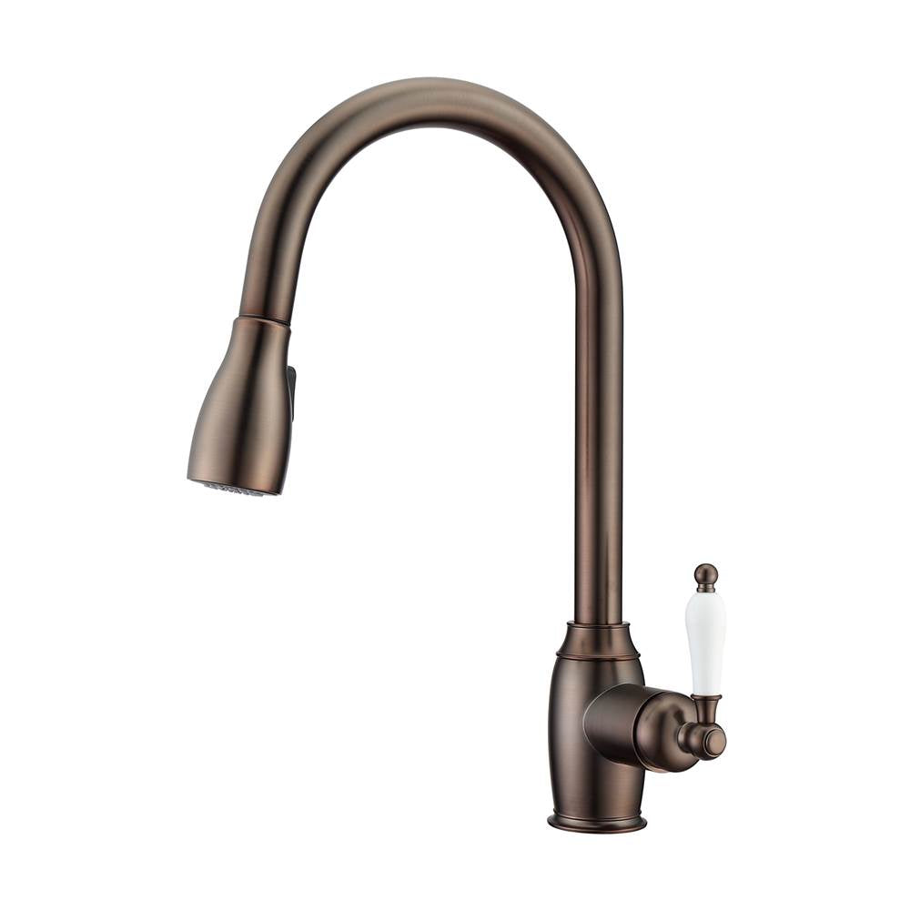 Barclay - Bistro Kitchen Faucet,Pull-Out Spray, Porcelain Handles, ORB - Oil Rubbed Bronze