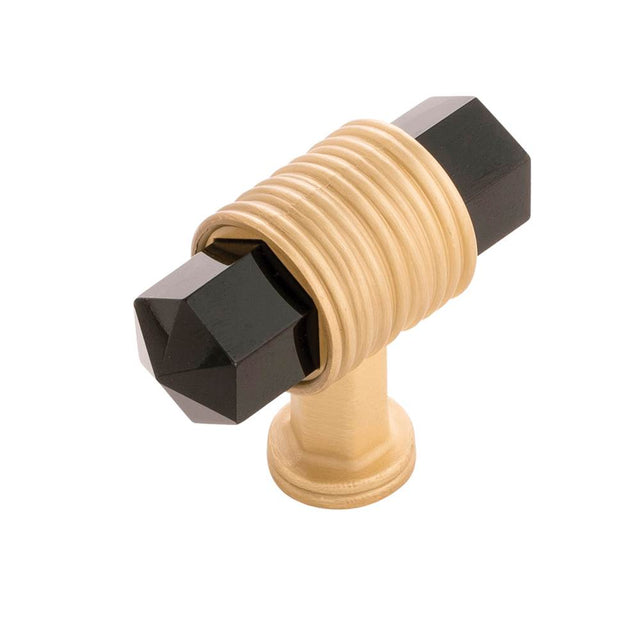 Belwith Keeler - T-Knob 1-7/8 Inch x 3/4 Inch - Brushed Golden Brass With Opaque Black Glass