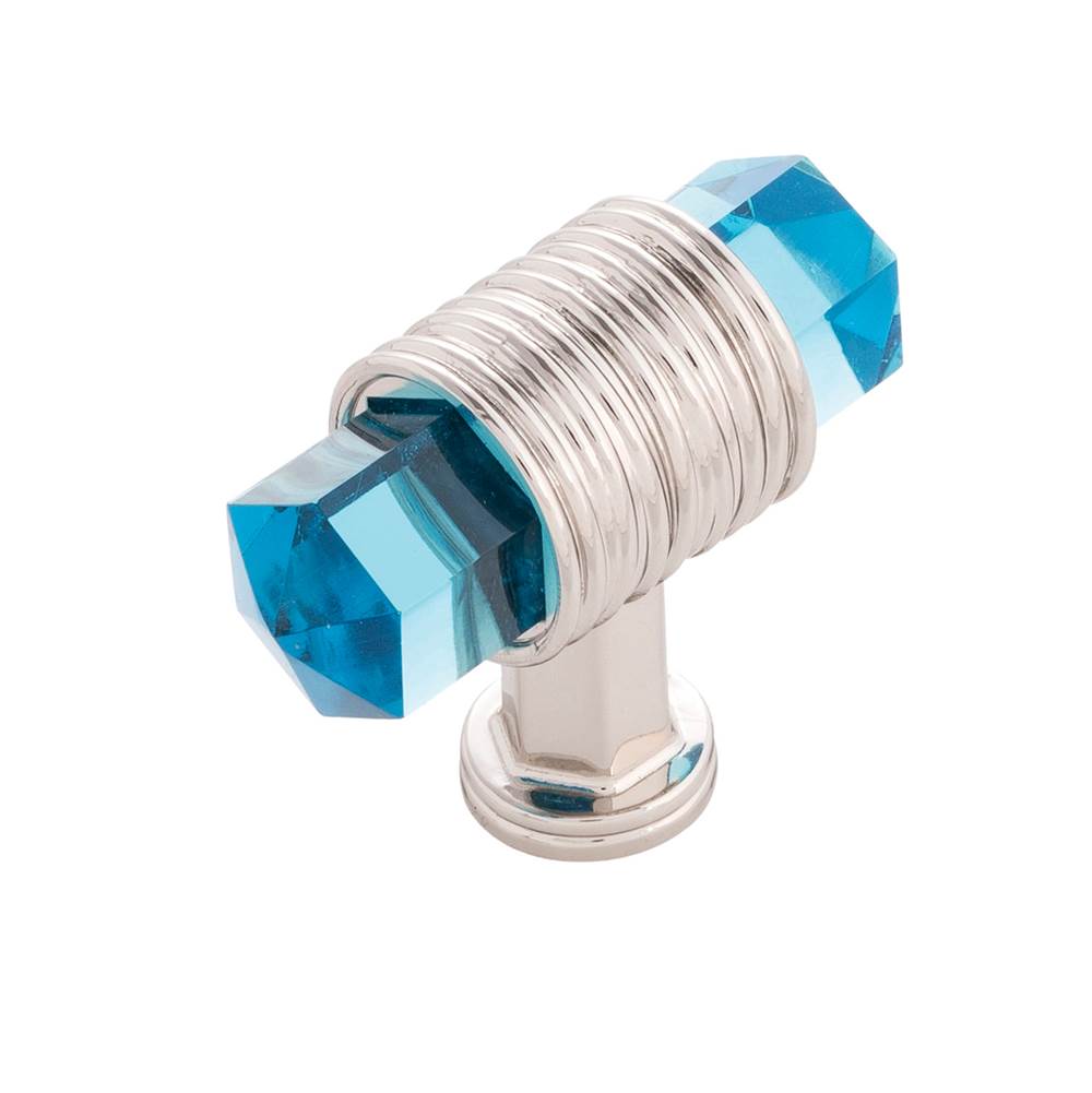 Belwith Keeler - T-Knob 1-7/8 Inch x 3/4 Inch - Polished Nickel With Cerulean Glass