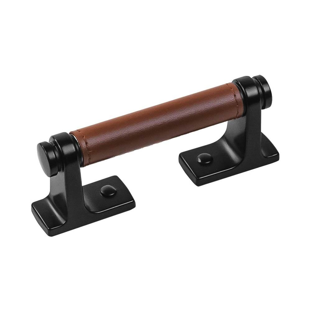Belwith Keeler - Pull 3 Inch Center to Center - Matte Black with Brown Leather