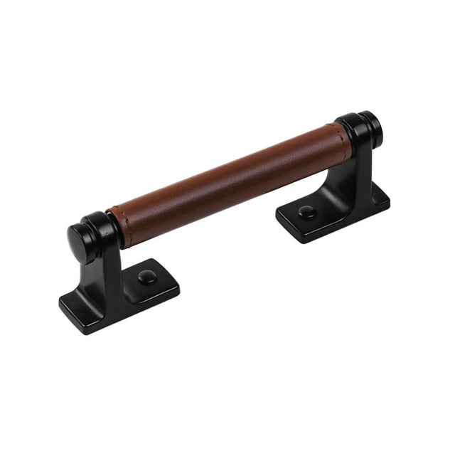 Belwith Keeler - Pull 3-3/4 Inch (96mm) Center to Center - Matte Black with Brown Leather
