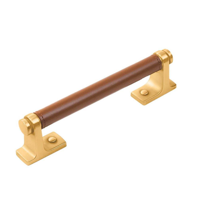 Belwith Keeler - Pull 5-1/16 Inch (128mm) Center to Center - Brushed Golden Brass with Brown Leather
