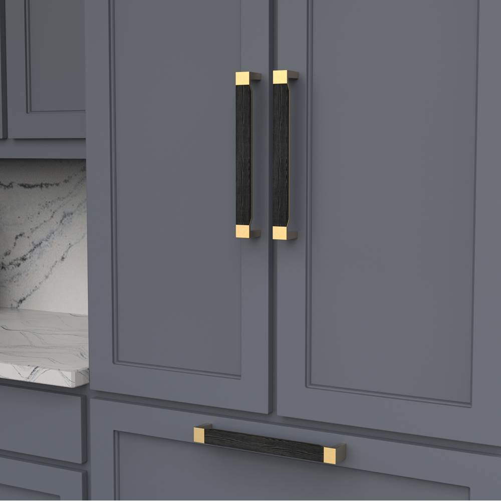 Fuse Collection Appliance Pull 12 Inch Center to Center Brushed Golden Brass with Black Wood Finish