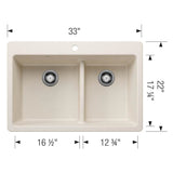 Liven SILGRANIT 33'' 60/40 Double Bowl Dual Mount Kitchen Sink with Low Divide - Coal Black