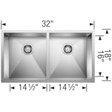 Quatrus R0 32'' 50/50 Double Bowl Undermount Stainless Steel Kitchen Sink