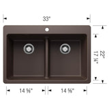 Liven SILGRANIT 33'' 50/50 Double Bowl Dual Mount Kitchen Sink with Low Divide - Coal Black
