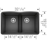 Diamond SILGRANIT 32'' 50/50 Double Bowl Undermount Kitchen Sink with Low Divide - Cinder