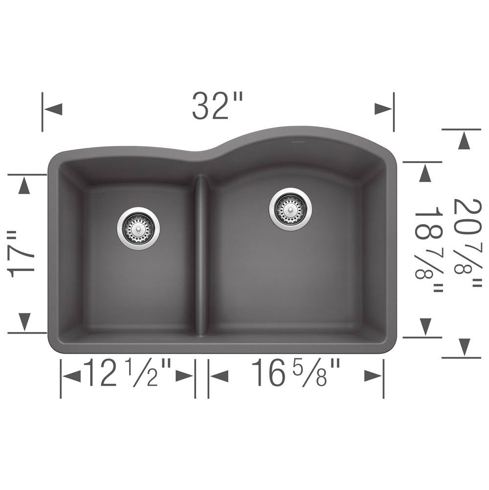 Diamond SILGRANIT 32'' 40/60 Reverse Double Bowl Undermount Kitchen Sink with Low Divide - Anthracite