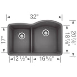 Diamond SILGRANIT 32'' 40/60 Reverse Double Bowl Undermount Kitchen Sink with Low Divide - Anthracite