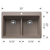 Liven SILGRANIT 33'' 50/50 Double Bowl Dual Mount Kitchen Sink with Low Divide - Coal Black
