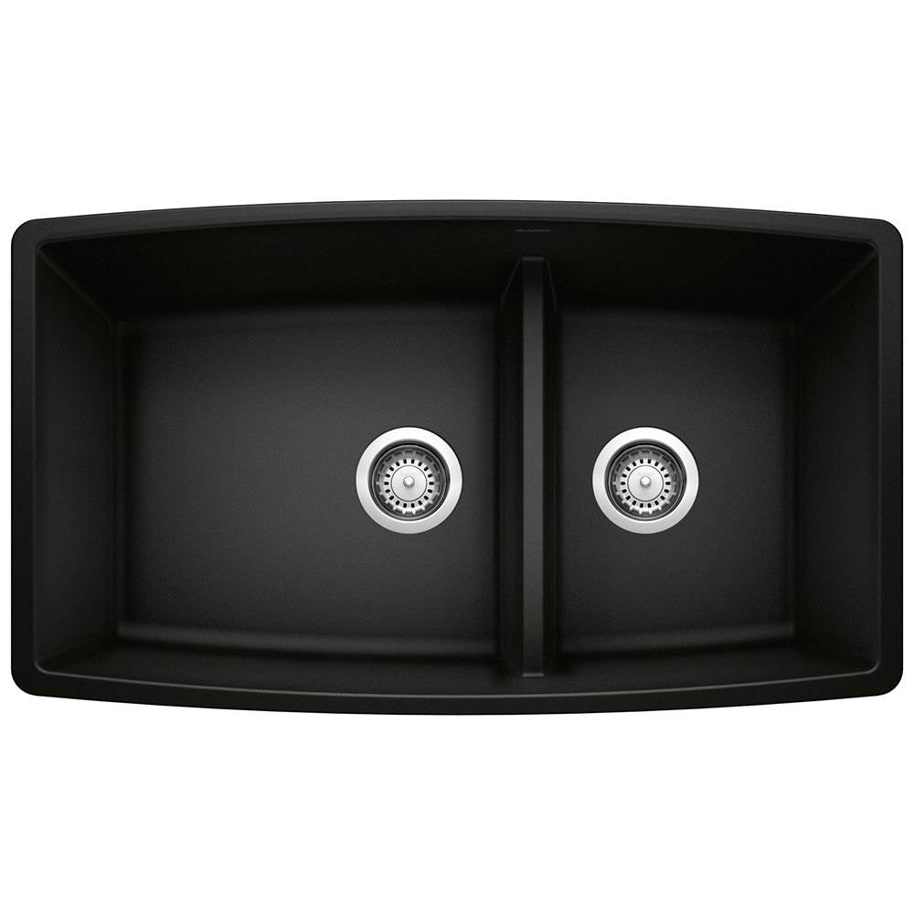 Blanco - Performa SILGRANIT 33'' 60/40 Double Bowl Undermount Kitchen Sink with Low Divide - Coal Black - Coal Black