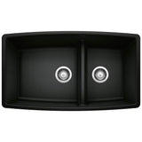 Blanco - Performa SILGRANIT 33'' 60/40 Double Bowl Undermount Kitchen Sink with Low Divide - Coal Black - Coal Black