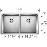 Quatrus R15 32'' 50/50 Double Bowl Undermount Stainless Steel Kitchen Sink