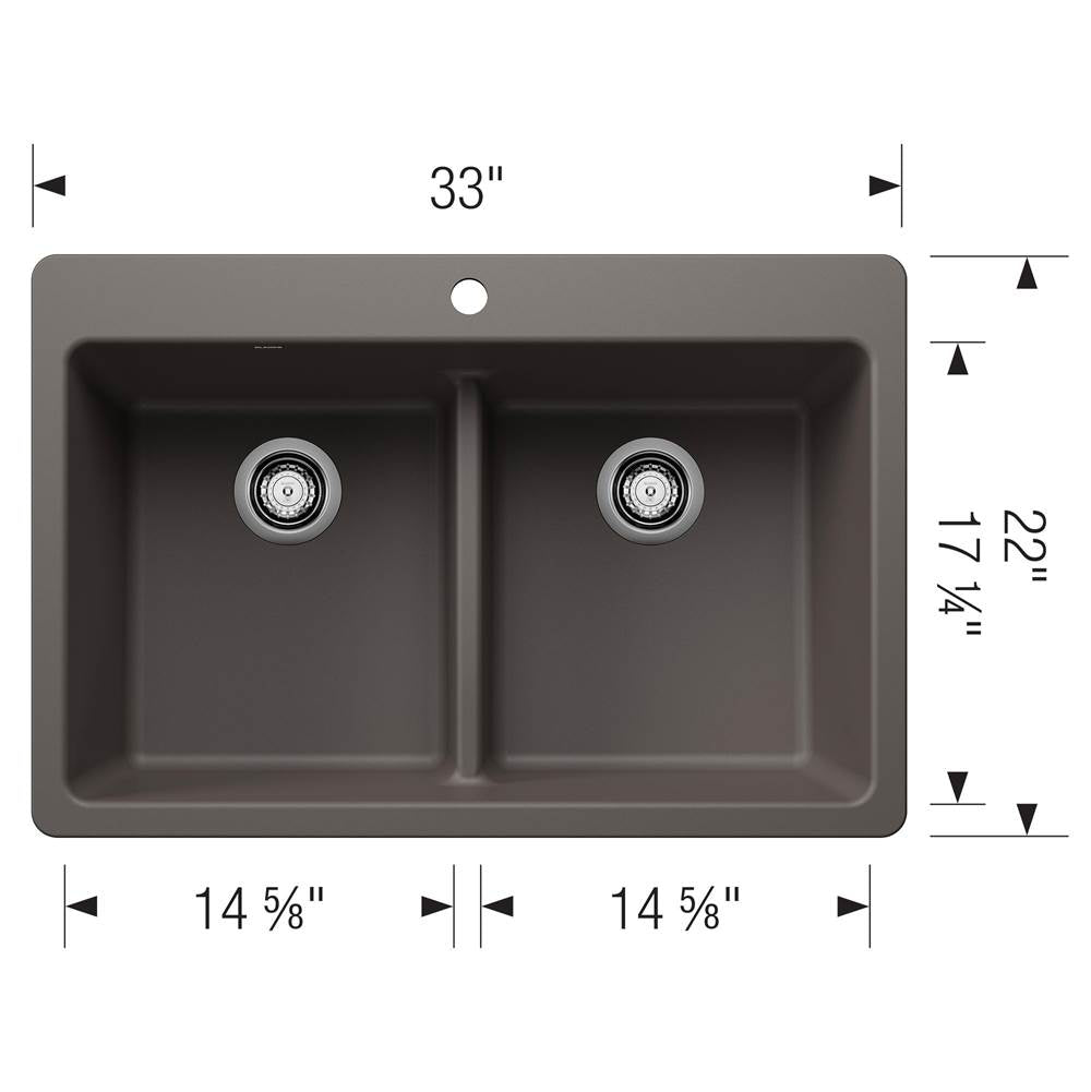 Liven SILGRANIT 33'' 50/50 Double Bowl Dual Mount Kitchen Sink with Low Divide - Coal Black