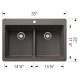 Liven SILGRANIT 33'' 50/50 Double Bowl Dual Mount Kitchen Sink with Low Divide - Coal Black
